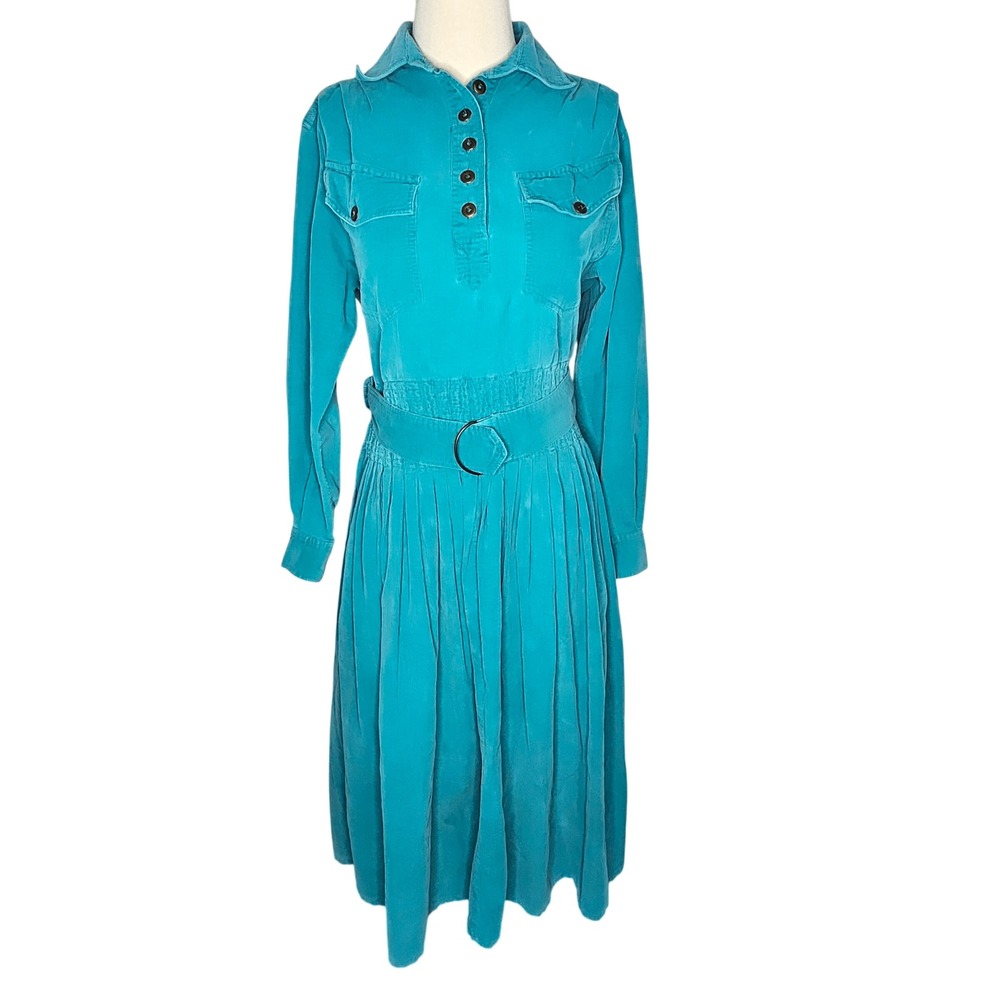 VTG Alain Toussaint Shirt Dress 4 Blue Corduroy Long Prairie Farmhouse‎ Modest